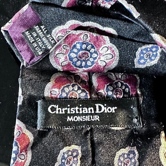 Christian Dior Red Silk Tie Black Neckwear Mid Century Modernist Medallion - Picture 3 of 5